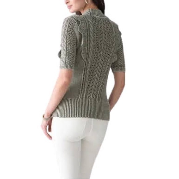 White House Black Market Green Ruffle Short Sleeve Sweater Knit Cotton Sz S - Picture 2 of 7